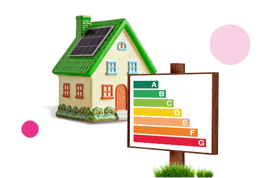 Green house with an EPC rating chart in front of it