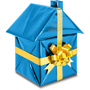 House wrapped in gift paper with gold bow