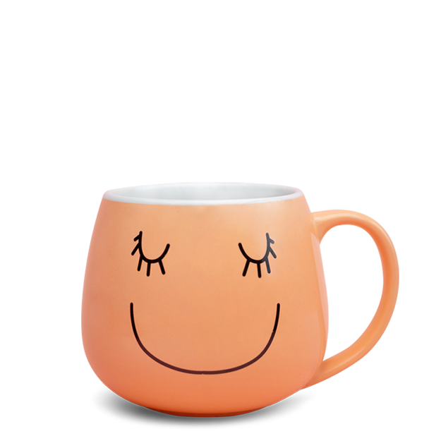 Steaming mug with a smiling face and eyes closed design