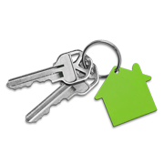 House shaped keychain with two silver keys