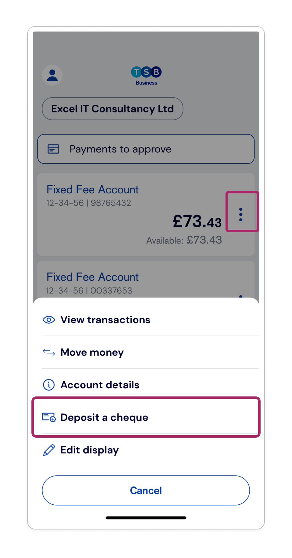 Tap on the three dots and then select ‘Deposit a cheque’