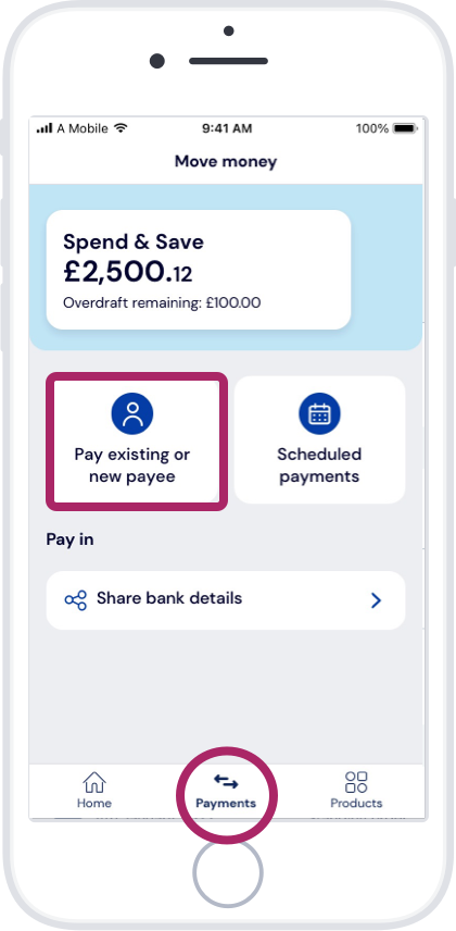 Login and tap the payments tab, then tap ‘Pay existing or new payee’.