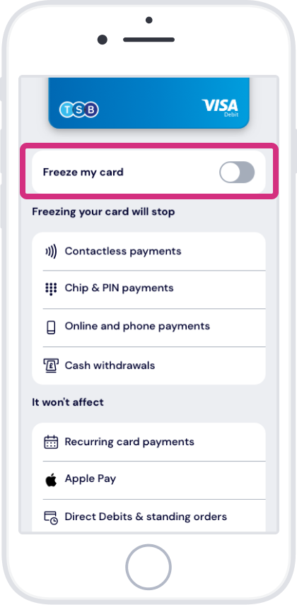 Tap the ‘Freeze my card’ toggle to ‘on’ or ‘off’