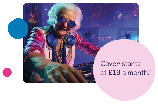 Covert starts at £19 a month*. DJ granny wearing sunglasses using turntables.