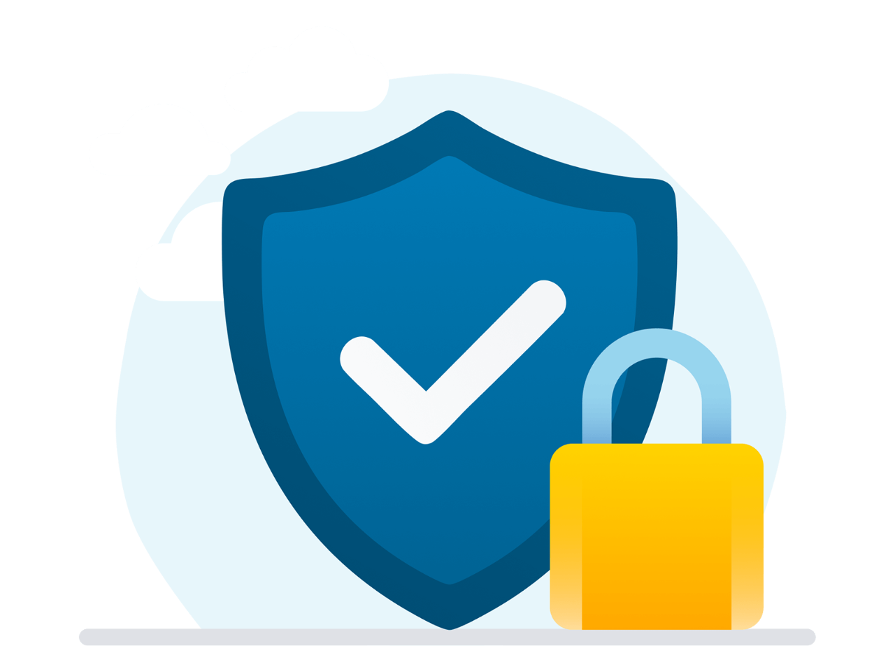 Blue security tick shield icon with gold padlock