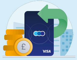 Debit card, coins and green return arrow