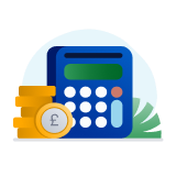 Stack of coins next to blue calculator