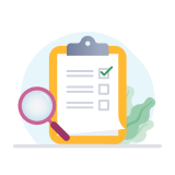 Pink magnifying glass next to a clipboard