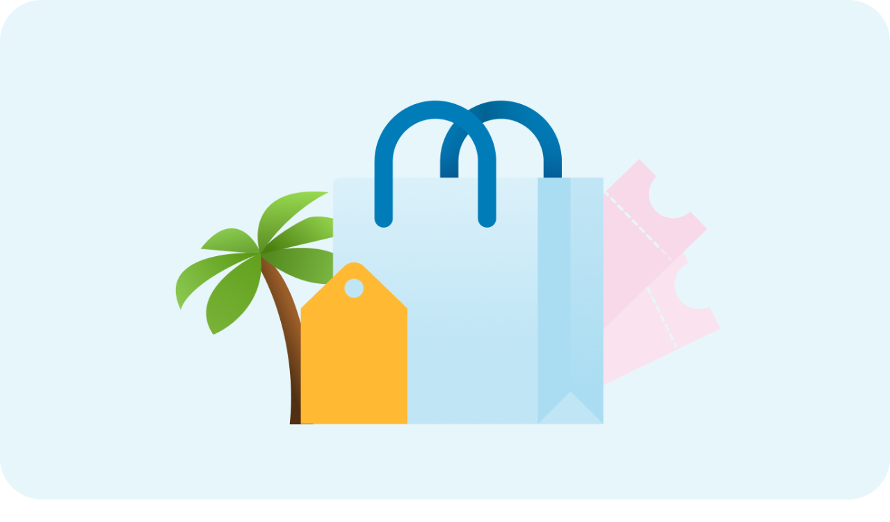 Blue shopping bag with a tag, tickets and palm tree