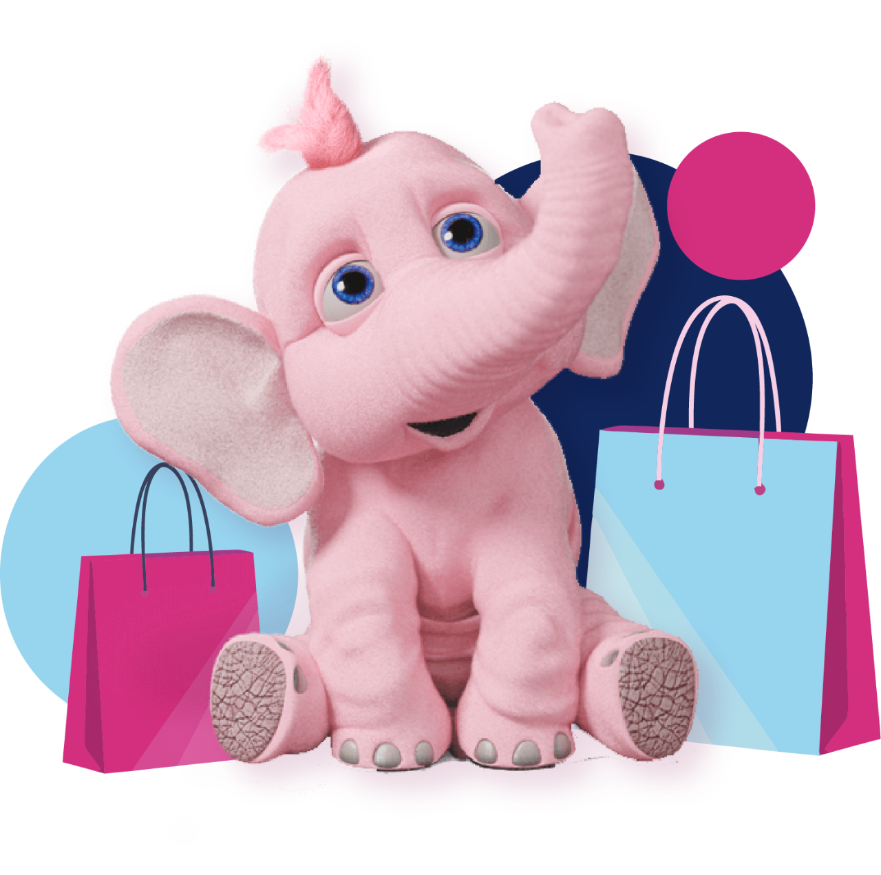 Tiny the pink elephant sat next to shopping bags